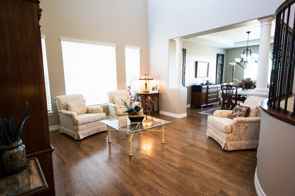 Light oak hardwood flooring installation by York Floors in a living room.